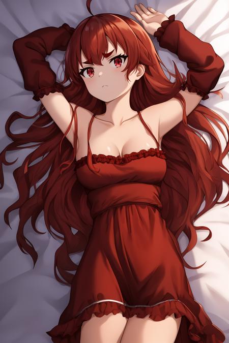 eris, 1girl, solo, long_hair, breasts, looking_at_viewer, bangs, red_eyes, dress, cleavage, hair_between_eyes, bare_shoulders, small_breasts, closed_mouth, collarbone, ahoge, red_hair, small_breasts, lying, frills, sleeveless, on_back, off_shoulder, red_dress, arm_up, arms_up, groin, bottomless, bed_sheet, frown, on_bed, thick_eyebrows, strap_slip, crossed_bangs, long_red_dress