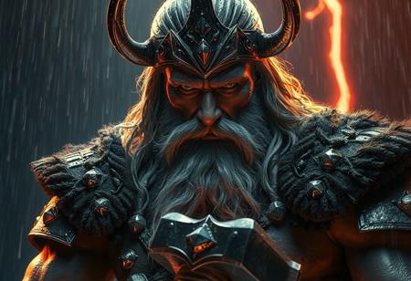 "Design a photorealistic, full-body 'White Warrior - Hail the Iron Hammer' character, inspired by blacksmith details and Asgard rising. The warrior should embody the golden ratio, with intricate, non-duplicative features. Consider steroid use and bodybuilder style. The scene should be set in a detailed, thunderstrike-filled environment, with cinematic lighting and an accurate, detailed face. Create in 8K resolution, with influences from artists like Alex Grey, Artgerm, Greg Rutkowski, and Alphonse Mucha. The setting could be a dark, rainy, cyberpunk scene with neon accents, combining traditional and modern elements."