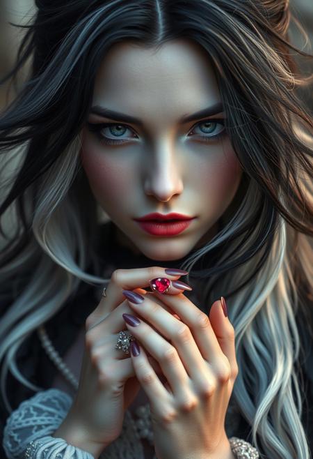 Mystic-dark queen, woman with jet-black and silver hair, fantasy adventure style with cute elements, clutching a tiny, radiant ruby, highly realistic with intricate details, pastel color palette, dramatic composition, ultra-realistic, wide-angle, sharp focus, moving background blur, glistening, asymmetrical hair texture