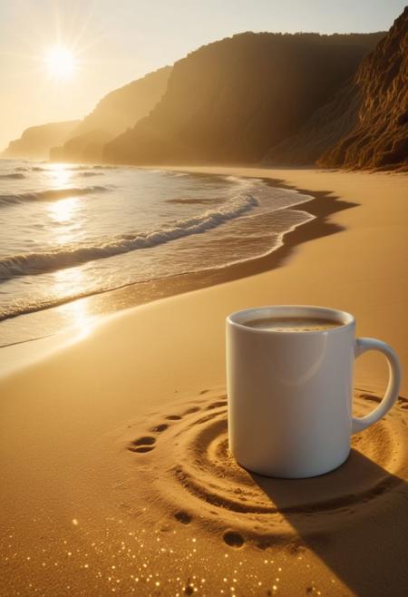 In a single moment, a mystical beach emerges within the confines of a cozy mug, The warm glow of the sun illuminates the beach, casting a golden hue on the sand and creating a cozy and inviting atmosphere, 8k, hd,