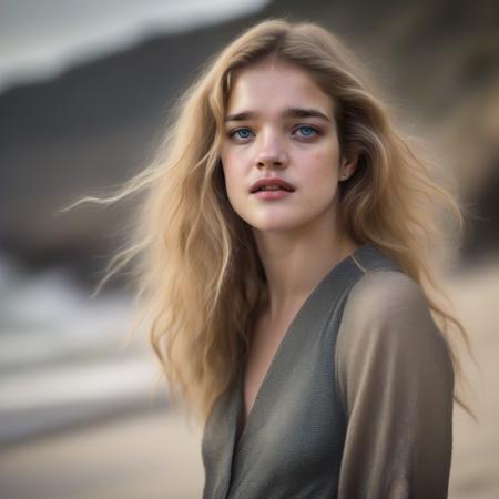 <lora:nataliavodianova_sdxlr:1> nataliavodianova, (sharp focus:1.2), photo, attractive  woman, (beautiful face:1.1), detailed eyes, luscious lips, (cat eye makeup:0.85), (large eyes:1.0), (toned body:1.2), (long hair:1.2), busty, wearing (romper:1.2) on a (beach:1.2).(arms behind head:1.2), (moody lighting:1.2), depth of field, bokeh, 4K, HDR. by (James C. Christensen:1.2|Jeremy Lipking:1.1), body freckles, beautiful eyes, beauty marks, sandy skin, sand on skin,