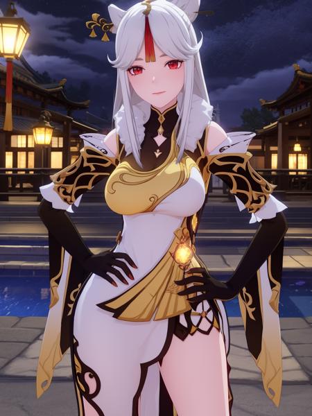 YSningguang, 1girl, solo, red eyes, long hair, hair ornament, looking at viewer, elbow gloves, dress, chinese clothes, white hair,bangs, tassel, hairpin, claw ring, breasts, china dress, parted bangs,sidelocks,hair stick, vision \(genshin impact\), <lora:YSningguang:0.75>,cityscape, night, poolside, cowboy shot,