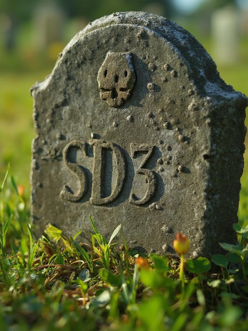 4k photo of a grass in a sunny day and a gravestone with name on it 'SD3' with a dead skull emoji '💀'