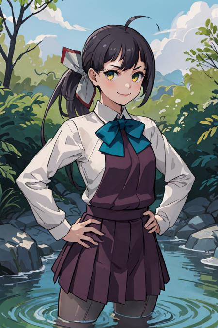 (masterpiece, best quality:1.2), solo, 1girl, fujinamidef, smile, looking at viewer, wading, hand on hip, ahoge, side ponytail, hair ribbon, school uniform, sleeveless dress, blue bow, shirt, long sleeves, grey pantyhose  <lora:kancolle_fujinami:1>