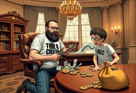 a bearded boos man wearing a t-shirt that says "PRO CREATOR" and smoking a cigar sitting at a big desk in an elegant big office counting lots of bills and coins that say "BUZZ" a slim nerdy guy with glasses wearing a t-shirt that says "ME" kneeling down picking up coins that fall off the desk in a bag