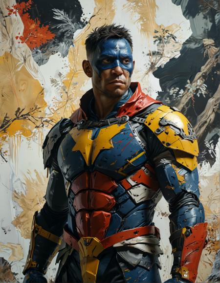 (A superhero, facing a dilemma, torn, principled, in their quest for justice, set against a backdrop of a (Georg Baselitz:1.2) and (Xu Bing:1.15) painting, photorealistic, cinematic, with 8K sharp focus, Unreal Engine 5)