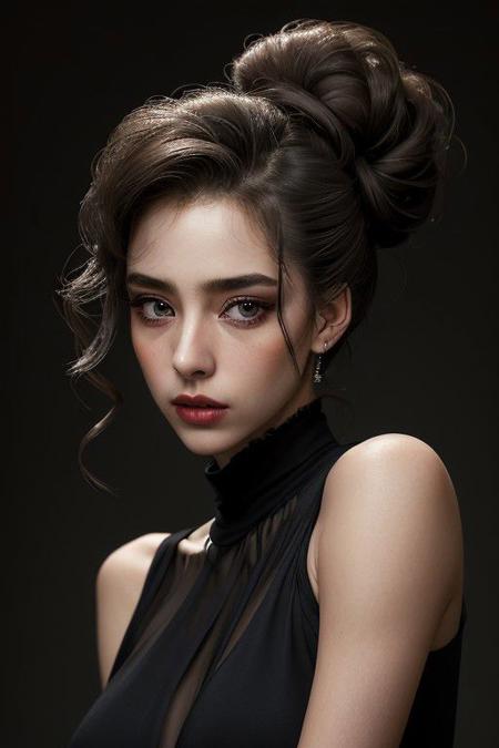 A detailed portrait of a young woman exuding elegance and natural grace. She has a voluminous updo hairstyle with wisps of hair tenderly framing her face. Her hazel eyes are accentuated by tasteful makeup, s. She wears a high-necked black top, suggesting a blend of casual refinement. The lighting should illuminate her face against a subdued background, emphasizing her calm and confident expression. High Fashion, dynamic, dramatic, elegant, High fashion supermodel, avant garde style
fFaceDetaile
