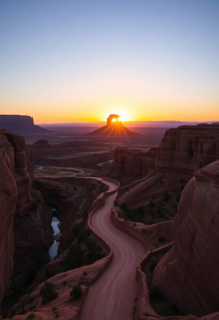 The sun sets over the horizon, casting a Resonant orange glow on the White dwarf below. In the distance, a winding path leads deep into the Monument Valley, lined with intricate ornaments of the River's waters and trees.