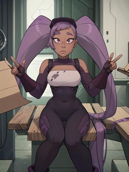 (Ultra detailed:1.3), (1girl), masterpiece, 8k HDR, hires, high resolution, best quality, beautiful eyes, perfect lighting, (sharp focus), (solo), <lora:Entrapta:0.9> (Entrapta), long hair, twintails, purple hair, dark skin, purple bodysuit, sitting on workbench