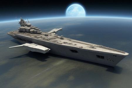 a space pirate battleship among the ruins of an advanced, futuristic city