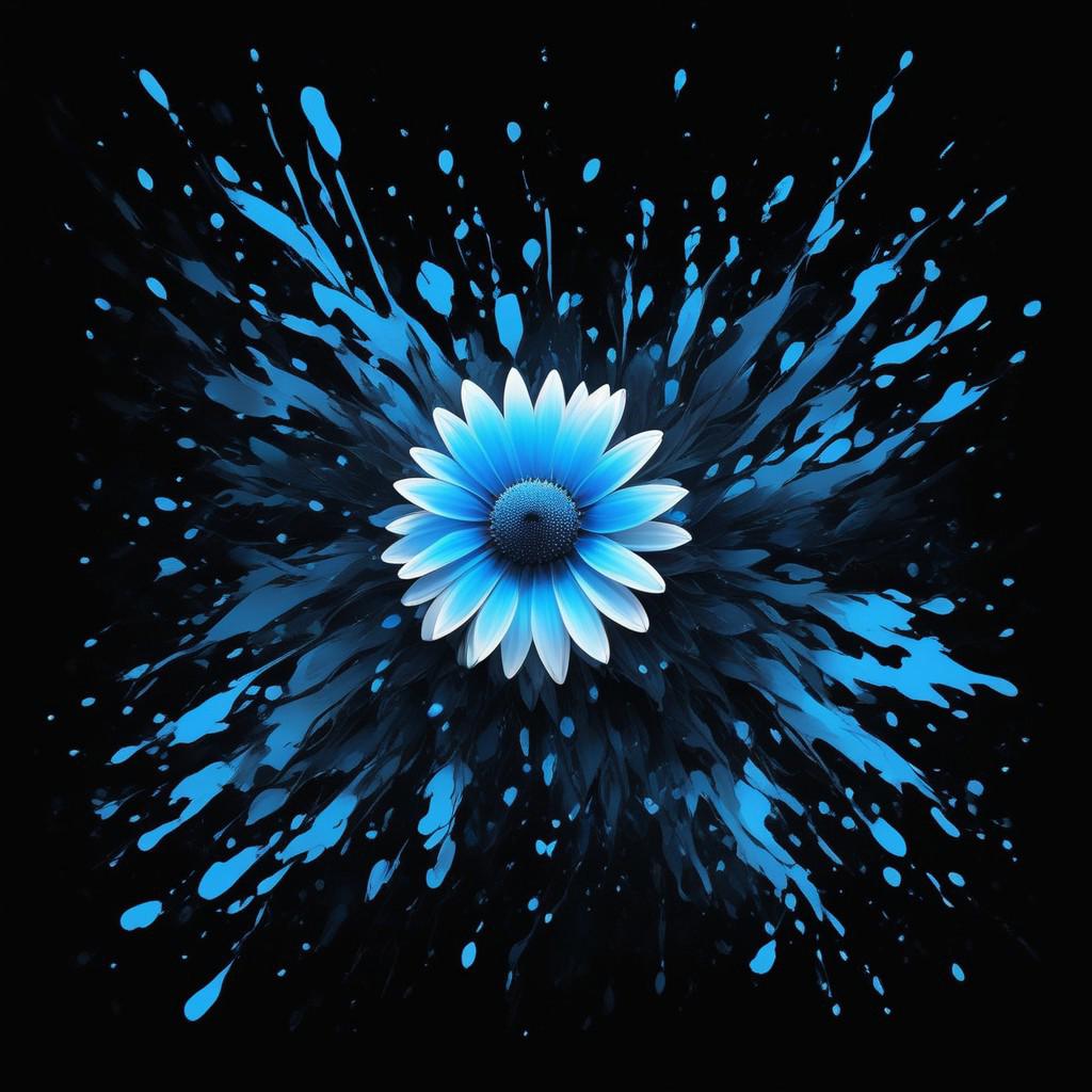 abstractzyrnox, abstract, abstract art, illustration, anime, blue and silver, black and silver, ((blue daisy), simple background, dark background), melting, detailed