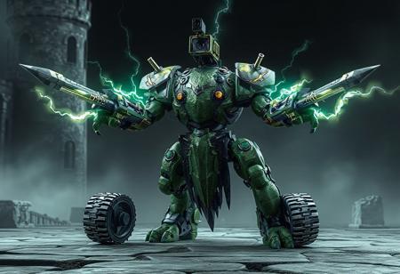 The image showcases a highly detailed, full-body 3D model of a Evil HERO Lightning Golem,Castle of Chaos backdrop. The Evil HERO Lightning Golem a green color palette and elaborate details elements, giving it a distinctive look. Its body is covered with a textured material, adding depth and intricacy to its form. The Evil HERO Lightning Golem's arms and legs are outstretched, each equipped with a Adamantine Sword Revival and wheels, suggesting preparedness and agility. The head features a camera, implying potential for navigation or surveillance. This captivating image showcases exceptional 4K quality, vivid colors, impeccable composition, and harmonious contrasts, making it