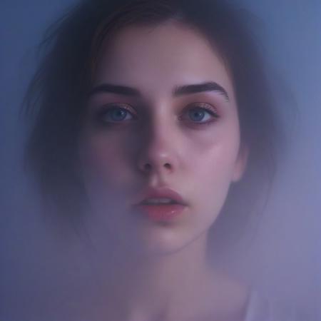 Beautiful Young woman, 20 years old, cute face, dispassionate , moody, hazy, foggy, neon lights break through the dense fog, artsy, pop album cover shot, graphic design background, close up on woman's face