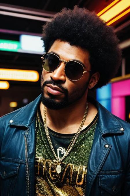 raw photo, upper body, disco, (80s, retro:1.1), dance floor, lasers, rainbow theme, a dancer man, 30 years old, sunglasses, big afro, (manly, wide jaw:1.2), dark skin, sparkly jacket, golden shirt, (vibrant colors:0.9), film grain, bokeh, fashion magazine, hdr, highly detailed photography, (muted colors, cinematic, dim colors, soothing tones:1.2), vibrant, insanely detailed, hyperdetailed, (dark shot:1.2), (vsco:0.3), (intricate details:0.9), (hdr, hyperdetailed:1.2)