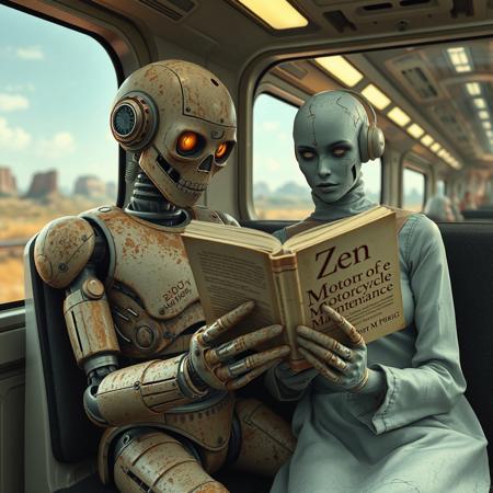 Rusty Robot and damaged humanoid woman sitting in futuristic train and reading a book "Zen and the Art of Motorcycle Maintenance" by Robert M. Pirsig. train is passing by futuristic landscape. Her body paint is chipped, cracked and dented.