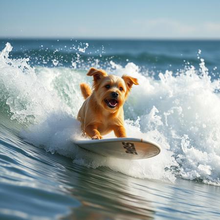 Surfing dog. dynamic angle. splash. grate wave. 8k.