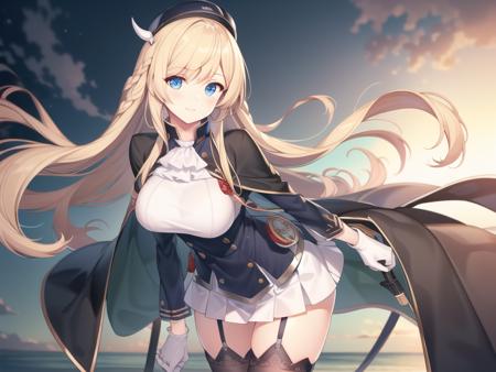 (hyper extreme detailed),(masterpeace),(hyper extreme),(photorealistic),CG,(colour:1.2), beautiful lighting,light from the front,rating:safe,solo, <lora:kongou:0.7>,kongou,blonde hair,long hair,blue eyes,white_gloves,garter_straps,zettai_ryouiki,pleated_skirt,white_skirt,stoking,high_heels,white shrite,long_sleeves,black_cape,short_dress,