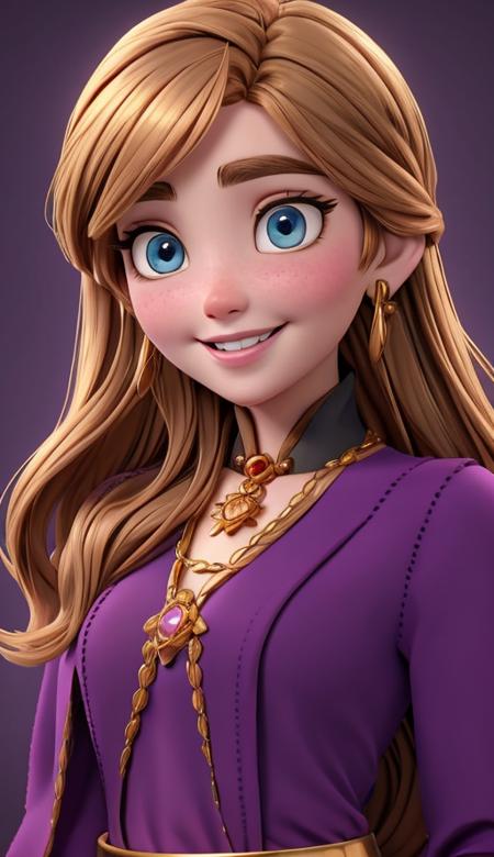 <lora:Anna:1> brown hair, blue eyes, thin eyebrows, pink lips, fair skin, visible eyelashes, purple top with gold details, gold necklace, smile, blushing cheeks