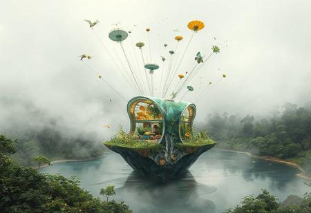 In a speculative drawing collage style, a biotech simbiogenetics bank micro ecotone is depicted as a sleek, frailejon-like structure embedded within a lush, humid fog-filled environment. The compact and vertical symbiotic design, grounded in amphibious territories the border of a water reservoir, features a series of inflatable deployable structures that disperse seeds, vegetation buds, nutrients, and pollinators through various methods including ballistic, wind, and water. This intricate system behavior integrates matters with atmospheric rivers, that pass above, connecting the Amazonia Forest to the Chingaza Paramo, showcasing the interconnectedness of regional ecosystems in a highly detailed, wide background.