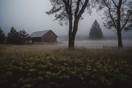 raw photo, a sunset landscape, oregon valley, tall trees, cozy, photorealistic, dark farmhouse, (fog: 1.39), high detailed texture, 8k uhd, dslr, soft lighting, high quality, film grain, Fujifilm XT3, Sony A7 IV, highly detailed photography, (muted colors, cinematic, dim colors, soothing tones:1.2), vibrant, insanely detailed, hyperdetailed, (dark shot:1.2), (vsco:0.3), (intricate details:0.9), (hdr, hyperdetailed:1.2) (highest coherency: 1.39) (highest quality: 1.39) (rule-of-thirds) (award-winning) (masterclass) (highest resolution: 1.39)