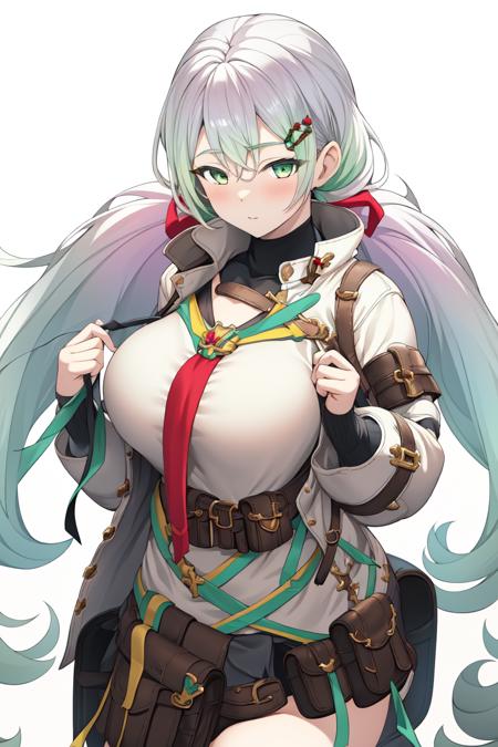 masterpiece, best quality, absurdres, perfect anatomy, 1girl, solo, Cupitan, long hair, low twintails, rainbow hair, hair ornament, multicolored ribbon, red necktie, white jacket, white shirt, open jacket, belt, black skirt, pouch, large breasts, curvy, simple background, white background