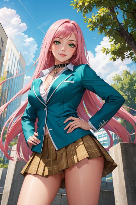 outermoka, pink hair, ahoge, green eyes, choker, cross chain, cleavage, green blazer, green jacket, plaid skirt innermoka, silver hair, red eyes, choker, chain, cleavage, green blazer, green jacket, plaid skirt