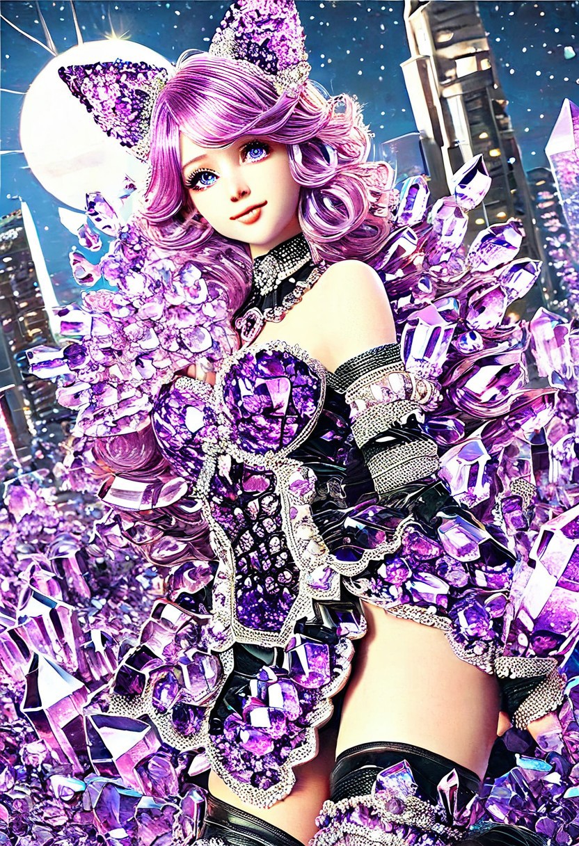 3DMM, (((beautiful, high quality))), masterpiece, best quality, unrealistically high details, extremely high quality, ultra high detail, good anatomy, rating_explicit, perfect anatomy, anatomically correct hands:1.5, Detailed ,((detailed background)) perfect eyes, amazing background BREAK (((1girl made of sparkling amethyst crystals))), 40 years old, gorgeous girl, cute face, cute girl, shy, blush, perfect perky tits, high res, crisp lines, sexy proportions, realistic, pink hair, long hair, wavy hair, long wavy hair, pink wavy hair, blue eyes, saphir eyes, animal ears, pale skin, petite, athletic, short neck, BREAK scenery(city, vibrant life, people, skyline), far shot, wide shot, cowboy shot, goth fashion, black make-up, dress, fancy dress, black thigh highs, black thighhighs, black boots, solo, alone, (happy), walking around, enjoying the night