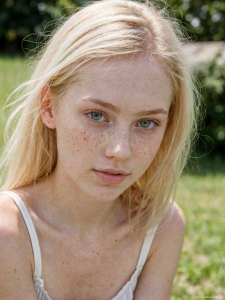 portrait of a pale 18 year old blonde model named Marie with bright eyes, summer dress, no makeup, natural, freckles, beauty spots, submissive expression, hard shadows, soft lighting, sharp focus, skin details