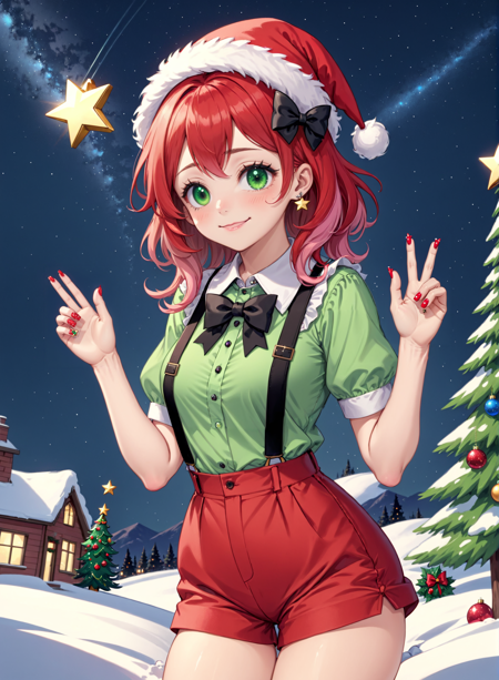 1girl, solo, long hair, looking at viewer, blush, smile, bangs, shirt, hair ornament, hat, bow, holding, hair between eyes, medium breasts, sitting, very long hair, closed mouth, green eyes, short sleeves, red hair, multicolored hair, cowboy shot, outdoors, green hair, sky, shorts, puffy sleeves, collared shirt, pants, hand up, bowtie, star (symbol), nail polish, two-tone hair, puffy short sleeves, streaked hair, dress shirt, black bow, night, buttons, suspenders, wing collar, building, star (sky), night sky, christmas, red headwear, snow, pink nails, santa hat, starry sky, black bowtie, star hair ornament, green shirt, shirt tucked in, red shorts, christmas tree, fur-trimmed headwear, christmas ornaments, high-waist shorts