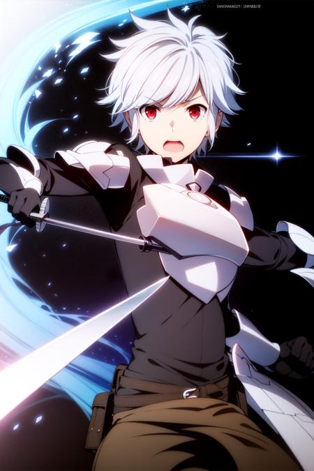 chalkboard, solo, open mouth, armor, red eyes, breastplate, holding, weapon, holding weapon, male focus, white hair, gloves, shoulder armor, holding sword, 1boy, dual wielding, looking at viewer, silver hair, sword