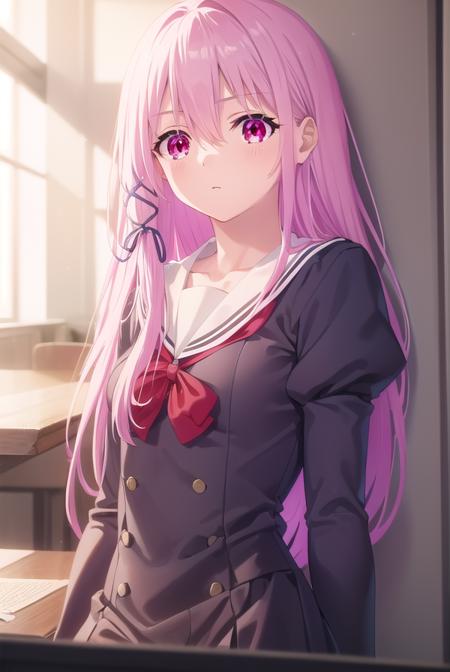 engagekisara, <lora:engage kisara s1-lora-nochekaiser:1>,
kisara, long hair, pink hair, (red eyes:1.3), hair between eyes, hair ornament, ribbon, hair ribbon,
BREAK long sleeves, ribbon, school uniform, puffy sleeves, sailor collar, red bow, juliet sleeves, white sailor collar,
BREAK indoors, classroom,
BREAK looking at viewer, (cowboy shot:1.5),
BREAK <lyco:GoodHands-beta2:1>, (masterpiece:1.2), best quality, high resolution, unity 8k wallpaper, (illustration:0.8), (beautiful detailed eyes:1.6), extremely detailed face, perfect lighting, extremely detailed CG, (perfect hands, perfect anatomy),