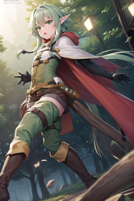 highelfarcher, <lora:highelfarcher-lora-nochekaiser:1>, 
high elf archer, elf, (green eyes:1.5), green hair, hair between eyes, long hair, pointy ears, sidelocks, (flat chest:1.2), <lora:doyagao_v080:1>, <lora:talkmouth_U_v100:1>, open mouth,
BREAK asymmetrical clothes, boots, cloak, elf, gloves, green thighhighs, high heels, shorts, thighhighs,
BREAK looking at viewer,
BREAK outdoors, nature, forest,
BREAK <lyco:GoodHands-beta2:1>, (masterpiece:1.2), best quality, high resolution, unity 8k wallpaper, (illustration:0.8), (beautiful detailed eyes:1.6), extremely detailed face, perfect lighting, extremely detailed CG, (perfect hands, perfect anatomy),