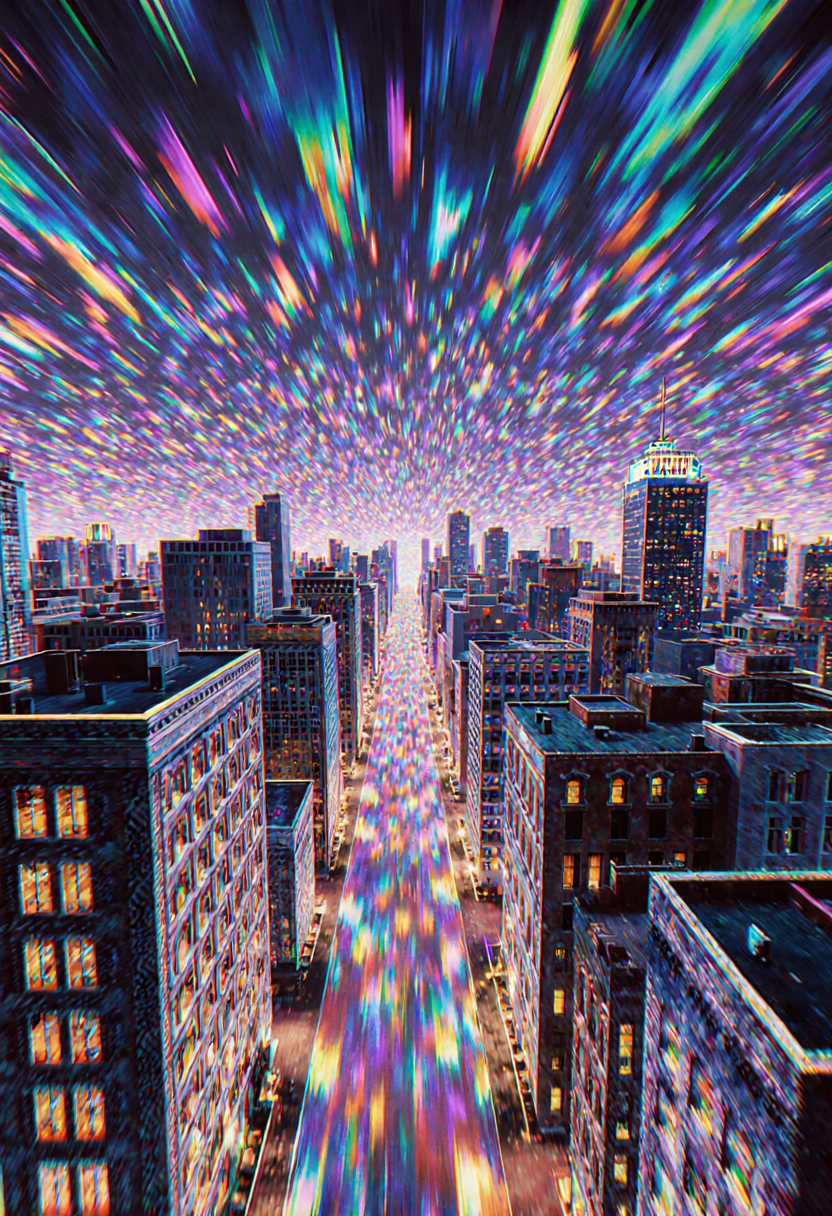 An aerial view of an urban street canyon with multicolored light streaks radiating outward from a central vanishing point, creating intense motion blur effects that transform the cityscape into flowing streams of neon colors. The camera angle looks down a straight city street lined with brick and concrete buildings of varying heights, with illuminated windows in warm yellow tones contrasting against the mostly cool-toned light trails. 