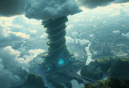 A digital illustration depicting "Hydro-Symbiotic City" a sprawling future metropolis seamlessly integrated with nature. At the heart of the scene, a colossal cloud-harvesting tower, crafted from bioluminescent fungal and algae-based structures, dominates the landscape, its spiraling form intertwined with cascading sponge gardens and misty cloud cathedrals. Rivers flow through the city’s amphibious districts, illuminated by ethereal blue highlights, while faint vapor trails connect the cityscape to a distant, lush Amazonian rainforest, all rendered in layered topography and organic forms. The scene evokes deep ecology and afrofuturism, bathed in a soft, earthy glow, reminiscent of Design Earth and Donna Haraway’s Chthulucene, 8K, steampunk, solarpunk