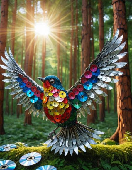 A bird in a forest made of cd's  <lora:CDs_SDXL:1>