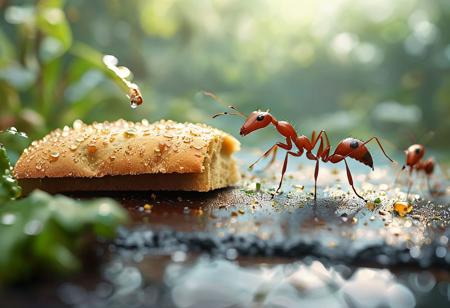 Masterpiece, 32k, 8k, dynamic, (ultra high res:1.4), (masterpiece:1.4), (beautiful lighting:1.4) A group of ants carry a piece of bread  on a table, macro photography, with a bokeh effect and dusts drops, against a fantasy background. Pastel colors create a beautiful nature scene in this digital art. High resolution reveals highly detailed, intricate features of the active ants. The mood is happy, joyful, and vibrant with soft lighting and a dreamy atmosphere. Morning dew adds to the magical feel of this whimsical style fantasy image.