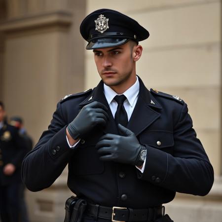 a handsome and athletic itallian Carabinieri military police officer in classic black uniform, including black jacket, white shirt, black tie, black cap, black belt,  putting on his supple unlined black leather gloves