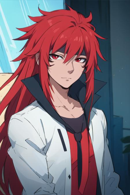 guy_crimson red eyes red hair long hair facial mark