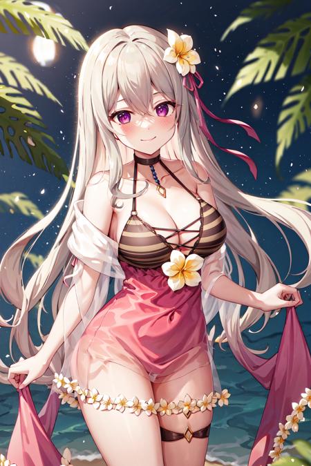 masterpeace, best quality, highres, 1girl, long hair, flower, pink dress, purple eyes, hair ornament, hair between eyes, bangs, hair flower, bare shoulders, collarbone, criss-cross halter, see-through, ribbon, yellow flower, hair ribbon, halterneck, breasts, pink ribbon, very long hair, <lora:hanakumo_rin_v10:0.6>, standing, smile, cowboy shot,