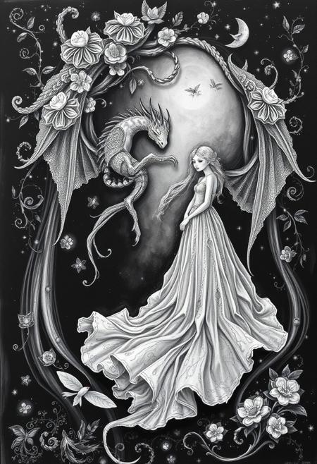 A classic black and white acrylic painting depicting Right When I Returned, featuring intricate textile installations and enchanting fantasy illustrations. The style emphasizes a delicate balance of ephemeral beauty and whimsical charm, showcasing mastery of light and shadow within a fantastical world of mythical creatures and intricate patterns.