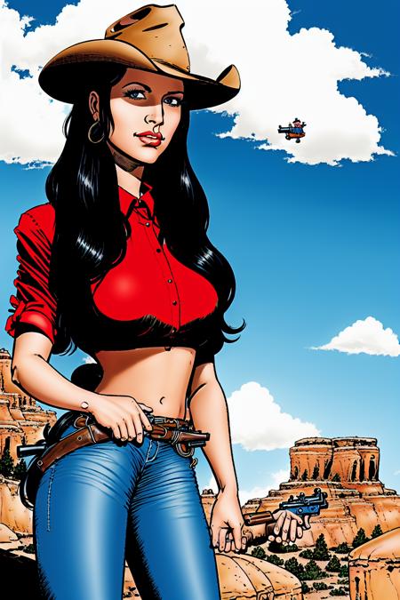 drawing of cowgirl standing, holding a gun, red shirt, black hair, brown eyes, canyon in the background, blue sky, clouds, very detailed face, <lora:bonelli-000006:0.7>