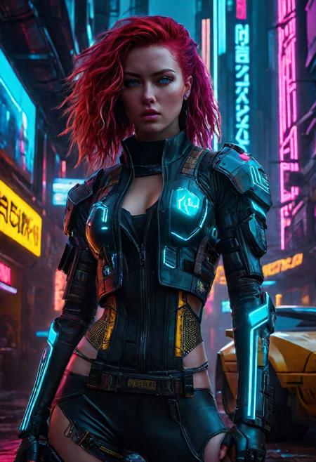 High resolution ultra-realistic of Beautiful Cyberpunk girl, 8k, capturing the intensity of the moment, cinematic lighting, standing on a troubled street in a futuristic city in a bloody battle, wavy red hair, realistic dirty pale face, realistic blue eyes, beautiful hourglass figure, realistic robotic hand, beautiful Sadie Sink as Cyberpunk girl, intricately designed tight cyberpunk-style clothing, Cyberpunk 2077 Aesthetic, perfect athletic figure, ultra realistic, cinematic style, vigorous and Alluring, athletic figure, Cyberpunk sci-fi neon style, dramatic lighting, wet and sweaty skin, dirty pale skin, athletic figure, dark sci-fi, dramatic lighting, Greg Rutkowski style, Cyberpunk girl on in cool dress, hyper-detailed, hyper-realistic, natural light, extremely intricat e details, masterpiece, epic, bright colours, Attractive 21 old years girl, beautiful firm Breasts, sharp focus, digital painting, Photograph Taken on Nikon D750, Alphonse Mucha, athletic figure, Hyperdetailed, hyperrealism, Attractive, Attractive bust girl, asymmetric balance