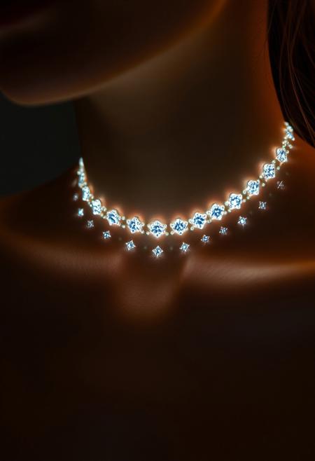 subdermal LED necklace, (internal LED glow:1.7), (embedded LEDs:1.8) forming radiant, intricate light clusters beneath the skin, (evenly spaced glowing points:1.7) creating a necklace-like pattern along the collarbone, soft light radiating through the skin, (delicate light clusters:1.6) mimicking classic diamond jewelry, (natural skin tone:1.5), (ultra-realistic skin texture:1.8), seamless light transitions following the curve of the neck, high-definition, (sophisticated light accents:1.6), perfect for both formal and casual wear, (worn jewelry:-1.8), (external necklace:-1.8), (visible diamonds:-1.8), radiant light seamlessly integrated beneath the skin, timeless yet modern, smooth glowing pattern