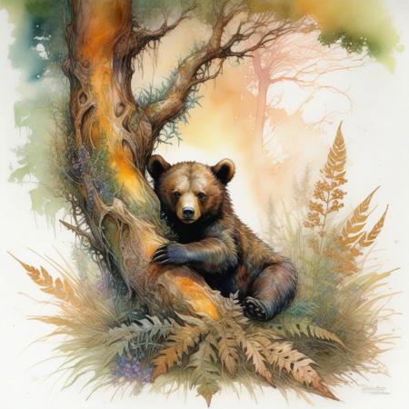 Watercolor and ink illustration of a bear cub clinging to a gnarled oak tree branch by Guymick Cormic, reclining amidst tall grass and ferns, surrounded by dense, leafy foliage and wildflowers bathed in the amber glow of sunrise, featuring Brian Froud's fantastical influences combined with the dramatic, fluid styles of Carne Griffiths and Alberto Seveso, 60-30-10 colour harmony evident, mystical symbols interwoven, vibrant splashes