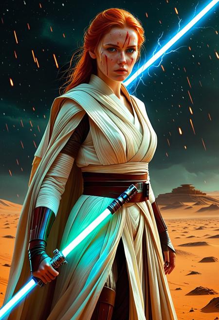 A beautiful Jedi Knight with wavy red hair Standing on the a bloody battlefield on Tatooine. Her white Jedi robe are intricately detailed and reflecting flickering light, Star Wars style, The light of battle illuminates her determined expression as she prepares to face the dark enemy, (holding the blue Lightsaber in his hand: 1.5), Close up. Star Wars art style, They stand on the battlefield against an army of Dark Sith where a bloody slaughter is taking place, (standing in a vigorous pose: 1.3), (direct eye contact: 1.3), whole athletic body, cinematic lightning, intricately detailed white and green Jedi robe, The scene is reminiscent of a Greg Rutkowski concept art piece, realstic blue eyes, realistic freckled pale face covered in blood, with dramatic lighting and a dark, curvy, looking at viewer, gritty atmosphere, Ultra-detailed, Raytracing reflections, High contrast, beautiful Jedi Knight, beautiful firm body, girl athletic figure, (very pale face: 1.3), oranges, and greens, attractive 21 years old woman, cinematic lightning, Cinematic film still, Medium shot. Best quality, Masterpiece, The scene is reminiscent of a Greg Rutkowski concept art piece, realistic pale face covered in blood, with dramatic lighting and a dark, gritty atmosphere, asymmetrical balance, adding to the intense and dynamic atmosphere of the scene
