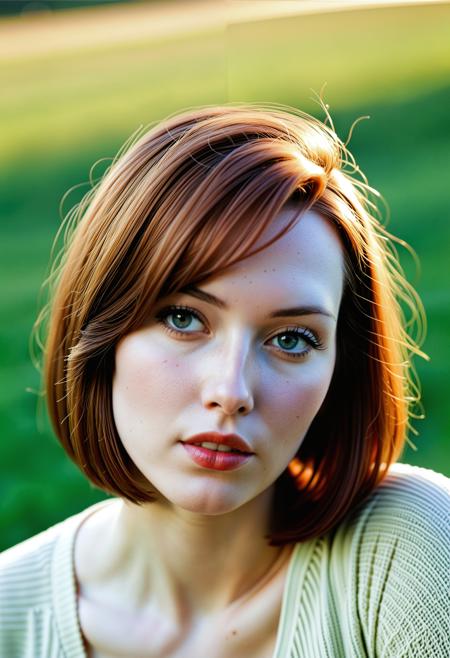 (Close up analogue photo) of a beautiful 25 years ((pale skin)), oval face, auburn haired woman, <lora:Jacinta_SDXL:0.7>,wearing Mermaidcore, ((cute-bob-haircut:1.5)),,low light, soft natural light, Rembrandt style light, Hasselblad DLSR camera, 200mm Zeiss lens, f/2.8, ,Sexy pose, erotic pose, exhibitionism ,A peaceful countryside with rolling hills and grazing sheep