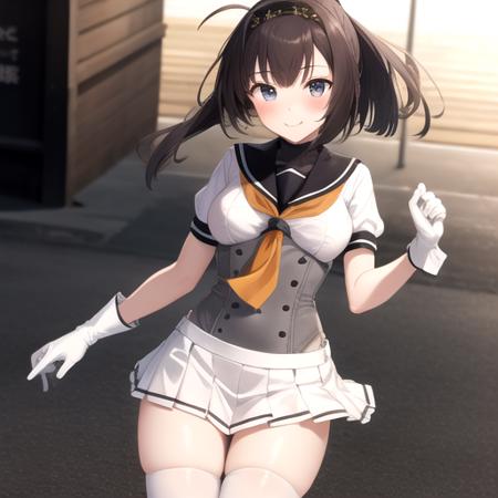 ((masterpiece)),(best quality),official art,extremely detailed CG,unity 8k wallpaper,ultra detailed,1girl,solo,cowboy shot,school_uniform,gloves,serafuku,ponytail,black_hair,headband,pleated_skirt,grey_footwear,hachimaki,looking_at_viewer,neckerchief,white_skirt,breasts,smile,sailor_collar,short_sleeves,long_hair,boots,blush,ahoge,rudder_footwear,hair_ornament,hairband,corset,kneehighs,white_socks,<lora:Akizuki(kan)>,