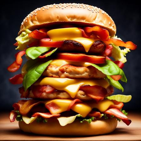 photo (QuadBurger style:1) a large hamburger with bacon, cheese <lora:djzQuadBurgerV21:1>