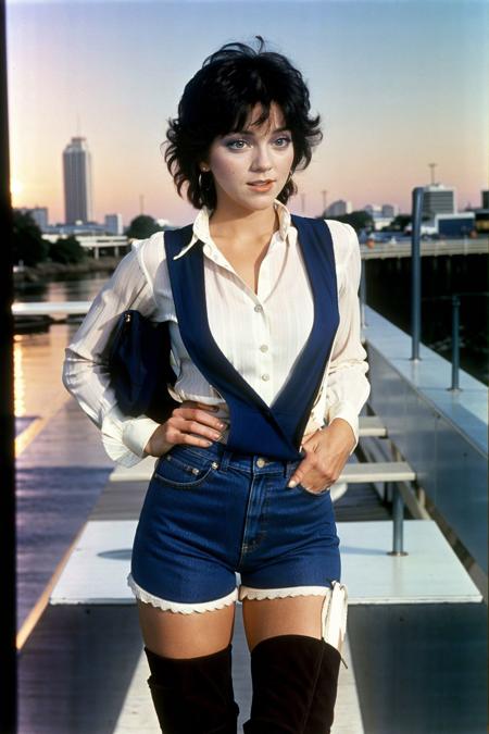 <lora:JoyceDewitt_SD15_v1.0:1> JoyceDewitt, close-up photo of a wholesome american woman from the 1970s show "Three's Company" standing in a typical 1970s fashionable outfit with thigh boots, hyperrealistic, city shopping, sunrise, beautiful blue sky