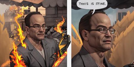 Highly detailed, High Quality, Masterpiece, beautiful, IncrsThisIsFineMeme, <lora:ThisIsFineMeme:1.2>, 1boy, solo, fire, mug, senatorarmstrong, muscular male, glasses, cigarette, <lora:Char_MGR_Senator Armstrong:1>